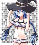  azumaya_(miyui001) bare_shoulders blue_hair blue_nails blush bow bow_panties braid cinderella_bust hair_between_eyes hair_ribbon hat long_hair mushoku_tensei nail_polish navel panties ribbon roxy_migurdia smile twin_braids underwear underwear_only white_panties witch_hat 