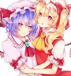  :o ascot bad_id bad_pixiv_id bangs bat_wings blonde_hair blue_hair blush bow brooch closed_mouth commentary_request crystal flandre_scarlet frilled_shirt_collar frills hat hat_bow hat_ribbon highres jewelry looking_at_viewer mob_cap multiple_girls nukominto pink_shirt puffy_short_sleeves puffy_sleeves red_bow red_eyes red_ribbon red_vest remilia_scarlet ribbon shirt short_hair short_sleeves siblings side_ponytail sisters touhou upper_body vest white_shirt wings wrist_cuffs 