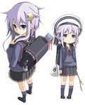  azumaya_(miyui001) backpack bag black_legwear blue_eyes crescent crescent_hair_ornament crescent_moon_pin frilled_skirt frills from_behind hair_ornament hat holding jitome kantai_collection kneehighs long_sleeves looking_back multiple_views purple_hair randoseru recorder_case school_uniform serafuku shirt shoes short_hair_with_long_locks skirt stick yayoi_(kantai_collection) 