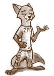  2017 anthro barefoot bluedouble brown_and_white canine clothed clothing disney english_text fox hand_on_hip male mammal monochrome nick_wilde open_mouth open_smile simple_background smile solo standing text white_background zootopia 
