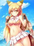  animal_ears black_gloves blonde_hair blush breasts cleavage eyebrows_visible_through_hair ezo_red_fox_(kemono_friends) fox_ears fox_tail gloves highres kemono_friends large_breasts liya long_hair looking_at_viewer navel orange_eyes skirt solo tail white_skirt 