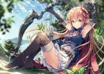 1girl arisa_(shadowverse) armpits arms_up arrow bangs belt belt_buckle blonde_hair blue_shirt blue_sky blurry blurry_foreground blush boots bow_(weapon) brown_belt brown_footwear brown_gloves brown_legwear buckle castle closed_mouth cloud commentary_request day depth_of_field dress elbow_gloves elf eyebrows_visible_through_hair gloves green_eyes hair_between_eyes hair_ribbon highres holding holding_arrow holding_bow_(weapon) holding_weapon long_hair outdoors pointy_ears quiver red_ribbon ribbon shadowverse shirt sitting sky smile solo thigh_boots thighhighs very_long_hair weapon white_dress yoshino_ryou 