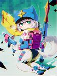  animal_ears ass blush bodysuit chromatic_aberration dog_tail eyebrows_visible_through_hair green_eyes gun highres holding holding_gun holding_weapon kneeling looking_at_viewer original parted_lips pointy_ears rocket_launcher rpg rpg-7 saebashi scarf short_hair silver_hair solo tail weapon yellow_scarf 