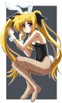  animal_ears azumaya_(miyui001) bare_shoulders blonde_hair blush breasts bunny_ears bunny_girl bunnysuit cleavage fate_testarossa fishnet_pantyhose fishnets long_hair lyrical_nanoha pantyhose red_eyes small_breasts smile solo twintails very_long_hair 