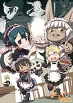  2girls 4boys animal_ears bad_food black_hair blonde_hair blush_stickers bondrewd cafe coffee commentary_request crossdressing cup dropping food fur furry green_eyes highres jiruo_(made_in_abyss) lyza made_in_abyss maid maid_headdress maruruk monster_girl multicolored_hair multiple_boys multiple_girls nanachi_(made_in_abyss) onigiri ozen pointing pointing_at_viewer pun regu_(made_in_abyss) riko_(made_in_abyss) teacup translated two-tone_hair uchuu_ika whiskers white_hair 