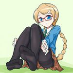  1girl blonde_hair blue_eyes braid feet glasses hairclip long_hair looking_at_viewer no_shoes pantyhose pop&#039;n_music risette sitting smile soles twintails 