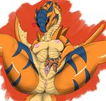 &lt;3 anus black_sclera breasts capcom female inverted_nipples looking_at_viewer monster_hunter nipples pink_nipples presenting pussy solo thick_thighs tigrex video_games vono yellow_eyes 