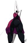  2018 anthro anus arthropod blush breasts butt cape cloak clothing digital_media_(artwork) featureless female hi_res hollow_knight hornet_(hollow_knight) humanoid insect looking_at_viewer melee_weapon nipples pussy solo standing standing_tough surprise video_games weapon 