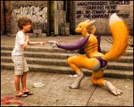  3d_(artwork) bra child clothed clothing digimon digital_media_(artwork) duo female footwear fur graffiti green_eyes human kneeling male mammal outside panties renamon sandals shirt shorts standing steps underwear white_fur xrayzebra4 yellow_fur young 