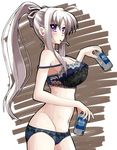  ahoge asahi_breweries azumaya_(miyui001) bare_shoulders beer_can black_bra black_panties blush bow bra brand_name_imitation breasts can cleavage hair_bow large_breasts long_hair looking_at_viewer lyrical_nanoha mouth_hold navel panties ponytail purple_eyes rinne_berlinetta sidelocks silver_hair solo strap_slip underwear underwear_only vivid_strike! 