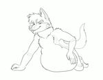  2015 abdominal_bulge animated anthro arm_support belly big_belly canine cryptor13 fur hand_on_stomach kneeling leo_(thetwfz) looking_at_viewer mammal monochrome nude simple_background smile smirk tailwag tongue tongue_out vore white_background wolf 