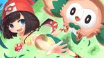  armpit_peek beanie black_hair blue_eyes blush eyebrows_visible_through_hair gen_7_pokemon hat holding holding_poke_ball looking_at_another mizuki_(pokemon) open_mouth poke_ball poke_ball_(generic) pokemon pokemon_(creature) pokemon_(game) pokemon_sm red_hat rowlet saebashi short_hair smile teeth 