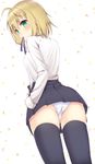  ahoge artoria_pendragon_(all) ass black_legwear black_skirt blonde_hair blue_ribbon blush commentary_request eyebrows_visible_through_hair fate/stay_night fate_(series) from_behind green_eyes highres looking_at_viewer panties reinama ribbon saber short_hair skirt solo thighhighs underwear white_panties 