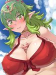  1girl bar_censor bikini blue_sky blush boris_(noborhys) breasts censored chiki choker cloud collarbone covered_nipples day fire_emblem fire_emblem:_kakusei fire_emblem:_monshou_no_nazo fire_emblem_heroes front-tie_bikini front-tie_top green_eyes green_hair hair_ornament hair_ribbon hetero highres large_breasts long_hair mamkute outdoors paizuri paizuri_under_clothes penis pointless_censoring pointy_ears ponytail precum red_bikini red_ribbon ribbon sky smile solo_focus strap_gap swimsuit 