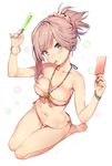 asymmetrical_hair bare_shoulders barefoot bikini blue_eyes blush bracelet breasts cleavage collarbone fate/grand_order fate_(series) feet food hands_up head_tilt highres jewelry looking_at_viewer looking_to_the_side medium_breasts miyamoto_musashi_(fate/grand_order) mouth_hold navel pink_bikini pink_hair ponytail popsicle popsicle_stick scrunchie seiza simple_background sitting smile soles solo strapless swimsuit thigh_gap thighs tubetop wariza white_background yuran 