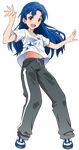  :d absurdres akizuki_ritchan bangs black_pants blue_bra blue_footwear blue_hair blue_ribbon blush bra clothes_writing commentary_request drawstring full_body halterneck hands_up highres idolmaster idolmaster_(classic) idolmaster_movie kisaragi_chihaya legs_apart long_hair looking_at_viewer navel open_mouth pants parted_bangs red_eyes ribbon see-through shirt shoes short_sleeves single_vertical_stripe smile sneakers solo standing stomach sweat sweating_profusely sweatpants track_pants transparent_background underwear wet wet_clothes wet_shirt white_shirt 