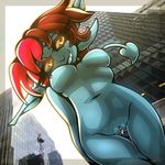  2017 amber_eyes big_breasts big_eyelashes border breasts butt city city_background devil_tail eyelash_fetish fangs fat_lip female hair hanging_folds head_tilt hi_res horn humanoid imp invalid_tag iqua_kicks long_folds looking_to_the_side low-angle_view low_view nakes nude outside pointy_ears presenting public public_nudity pussy red_hair short_hair shortstack signature slim smile smirk solo thigh_gap under_boob vrabo 