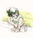  asui_tsuyu black_eyes boku_no_hero_academia bottle casual commentary crappysketches full_body grass green_hair highres long_hair outdoors pavement ponytail shiny shiny_hair shirt shoelaces shoes short_sleeves sitting solo t-shirt tied_hair tongue tongue_out water_bottle 