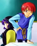  1boy 1girl akazukin_chacha black_cape cape chalkboard character_request hand_on_hip hooded_cape matching_hair/eyes one_eye_closed popy purple_eyes purple_hair red_eyes red_hair tunic yakko 