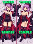  arm_up armpits ass_visible_through_thighs bare_shoulders black_leotard blush breasts coat coat_removed commentary_request dakimakura detached_collar detached_sleeves fate/grand_order fate_(series) from_above full_body helena_blavatsky_(fate/grand_order) highres kuragari leotard looking_at_viewer lying multiple_views nipples on_back open_mouth purple_eyes purple_hair salute sample short_hair small_breasts smile strapless strapless_leotard white_sleeves 