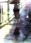  black_hair blue_eyes hairband high_heels idolmaster idolmaster_cinderella_girls lamppost lights long_hair looking_at_viewer looking_to_the_side nohito rain reflection road sagisawa_fumika shawl sky star_(sky) starry_sky sweater umbrella 