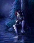  2015 anthro black_hair breasts clothed clothing detailed_background digitigrade grass hair lagomorph mammal multicolored_hair navel neotheta night outside partially_submerged rabbit raining red_eyes red_hair sitting tree two_tone_hair water 