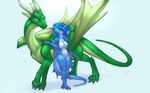  anthro blue_eyes blue_hair blue_skin breasts dragon duo featureless_breasts featureless_crotch female feral green_eyes green_skin hair horn male membranous_wings oksara simple_background smile standing white_background wings 