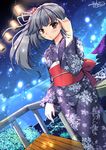  adjusting_hair alternate_costume balcony blush commentary english_commentary eyebrows_visible_through_hair floral_print flower food grey_hair hair_between_eyes hair_flower hair_ornament hair_ribbon hand_in_hair highres japanese_clothes kantai_collection kasumi_(kantai_collection) kimono lantern looking_at_viewer night night_sky outdoors purple_kimono red_eyes ribbon sheita side_ponytail sky solo star_(sky) starry_sky yukata 