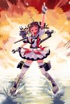  antenna_hair brown_hair closed_eyes double_bun explosion gloves index_finger_raised kantai_collection kou1 microphone naka_(kantai_collection) open_mouth remodel_(kantai_collection) rigging school_uniform serafuku standing standing_on_liquid thighhighs water white_legwear 