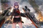  animal_ears azur_lane black_skirt blush fire grey_hair holding holding_sword holding_weapon looking_at_viewer maya_(azur_lane) navel neckerchief orange_eyes red_neckwear rigging short_hair sishenfan skirt sword weapon 