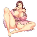  absurdres breasts collarbone curvy gigantic_breasts highres huge_breasts lingerie lipstick long_hair makeup mature mole nightgown original see-through smile solo spread_legs tamanegiya thick_thighs thighs underwear 