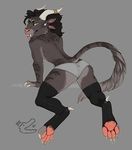  all_fours ambiguous_gender charr clothed clothing daggersnaps digitigrade feline green_eyes guild_wars legwear looking_at_viewer looking_back mammal panties playful thigh_highs tongue tongue_out topless underwear video_games 