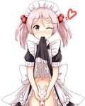  aikawa_ryou alternate_costume apron blush bunny commentary_request eyebrows_visible_through_hair hair_bobbles hair_ornament heart highres kantai_collection lifted_by_self looking_at_viewer maid maid_apron maid_headdress mouth_hold no_panties one_eye_closed pink_eyes pink_hair puffy_short_sleeves puffy_sleeves sazanami_(kantai_collection) short_sleeves simple_background skirt skirt_lift solo twintails white_background 
