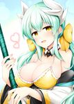  bangs bikini blush bow breasts cleavage collarbone detached_sleeves eyebrows_visible_through_hair fate/grand_order fate_(series) green_hair hair_between_eyes hair_bow heart holding holding_weapon horns japanese_clothes kimono kiyohime_(fate/grand_order) kiyohime_(swimsuit_lancer)_(fate) large_breasts long_hair looking_at_viewer md5_mismatch obi open_mouth polearm rui_shi_(rayze_ray) sash sidelocks smile solo swimsuit upper_body very_long_hair weapon white_kimono yellow_bikini yellow_bow yellow_eyes 