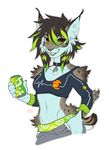  5_fingers anthro brown_eyes clothed clothing feline female holding_object lynx mammal melloque midriff navel simple_background smile solo white_background 