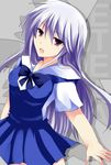  blue_bow blue_dress bow commentary dress eyebrows_visible_through_hair grisaia_(series) grisaia_no_kajitsu kazami_kazuki long_hair looking_at_viewer mahi open_mouth pinafore_dress purple_eyes sailor_collar school_uniform short_sleeves silver_hair solo 