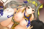 1girl black_hair breasts brown_eyes censored cowgirl_position fingernails flower_knight_girl game_cg girl_on_top grey_hair hairband hand_on_own_knee hetero ichou_(flower_knight_girl) large_breasts long_hair low-tied_long_hair mosaic_censoring multicolored_hair nipples official_art penis red_hair sex shiny shiny_skin squatting straddling sweat thighhighs two-tone_hair vaginal wamusato_haru white_legwear yellow_hairband 