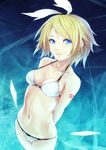  arms_behind_back bikini blonde_hair blue_background blue_eyes breasts cowboy_shot gradient gradient_background hair_ornament hair_ribbon hairclip halter_top halterneck highres kagamine_rin looking_at_viewer navel ribbon small_breasts solo standing sugi_214 swimsuit vocaloid white_bikini white_ribbon 