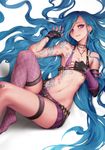  armpits bandaid bandaid_on_knee bangs bare_shoulders belt belt_buckle black_gloves blue_hair blush buckle bullet fingerless_gloves fishnet_legwear fishnets flat_chest gloves hand_on_own_chest highres jewelry jinx_(league_of_legends) league_of_legends long_hair looking_at_viewer lying navel necklace on_back oopartz_yang parted_lips pink_eyes pink_legwear purple_eyes revealing_clothes shadow short_shorts shorts simple_background single_thighhigh smile solo tattoo thigh_strap thighhighs very_long_hair white_background 