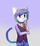  2017 amber_eyes anthro bandage cat clothed clothing feline gradient_background hair male mammal multicolored_hair panzery25 signature simple_background solo standing two_tone_hair vest 