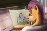  2017 bed crayons drawing equine female feral friendship_is_magic hair horse inside mammal my_little_pony paper pegasus pencil_(object) pony purple_eyes purple_hair sa1ntmax scootaloo_(mlp) solo wings 