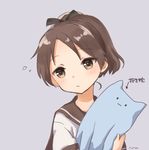  artist_name bangs blush brown_eyes brown_hair closed_mouth commentary dakimakura_(object) hair_ribbon kantai_collection long_hair nuno_(pppompon) parted_bangs pillow ponytail ribbon school_uniform shikinami_(kantai_collection) solo translated upper_body 