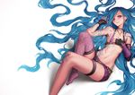  absurdly_long_hair armpits bandaid bandaid_on_knee bangs bare_shoulders belt belt_buckle black_gloves blue_hair blush buckle bullet commentary_request fingerless_gloves fishnet_legwear fishnets flat_chest gloves hand_on_own_chest highres jewelry jinx_(league_of_legends) league_of_legends long_hair looking_at_viewer lying navel necklace on_back oopartz_yang parted_lips pink_eyes pink_legwear purple_eyes revealing_clothes shadow short_shorts shorts simple_background single_thighhigh smile solo tattoo thigh_strap thighhighs very_long_hair white_background 