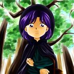  1girl akazukin_chacha black_cape earrings forest hooded_cape matching_hair/eyes purple_eyes purple_hair solo tree yakko 