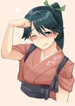  ;q anchor_symbol black_eyes black_hair blush commentary_request cropped_torso dojikko_pose floral_print hair_ribbon hand_to_head highres houshou_(kantai_collection) imagawa_akira japanese_clothes kantai_collection long_hair looking_at_viewer one_eye_closed pink_background ponytail ribbon sleeves_rolled_up solo star tehepero tongue tongue_out upper_body 