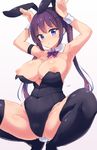  absurdres alternate_breast_size animal_ears armpits arms_up bad_id bad_pixiv_id bangs black_legwear black_leotard blush breasts bunny_ears bunny_pose bunny_tail bunnysuit commentary_request covered_navel eyebrows_visible_through_hair fake_animal_ears fake_tail gochuumon_wa_usagi_desu_ka? hair_ornament hairband hairclip highres large_breasts leotard long_hair looking_at_viewer nipples nitro_(mugityaoisii) parted_lips purple_eyes purple_hair sidelocks simple_background solo spread_legs squatting strapless strapless_leotard tail tedeza_rize thighhighs thighs twintails wrist_cuffs 