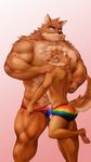  abs anthro barazoku barefoot biceps big_pecs blue_eyes bulge butt canine clothed clothing flowamai fox fur hair looking_at_viewer looking_back looking_down male male/male mammal manly muscular pawpads paws pecs presenting presenting_hindquarters rainbow raised_leg smile solo thick_thighs wolf 