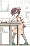  apron blue_eyes commentary_request cooking food glasses grey_legwear indoors kantai_collection knife long_sleeves nattou okinami_(kantai_collection) pantyhose partially_colored purple_hair shuuzen_(shu-zen) slippers smile solo 