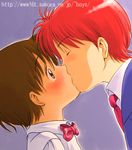  2boys akazukin_chacha blush bow bowtie brown_eyes brown_hair collared_shirt couple eyes_closed formal kiss looking_at_another male_focus multiple_boys neck necktie popy red_bow red_bowtie red_hair red_necktie shiine shirt short_hair suit upper_body white_shirt yaoi 