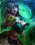  2017 atryl blue_eyes breasts cleavage clothed clothing colored_nails cyclops ear_piercing eyeshadow female hair hi_res humanoid jack-o&#039;-lantern lipstick long_hair makeup midriff not_furry patreon piercing pointy_ears smile solo 